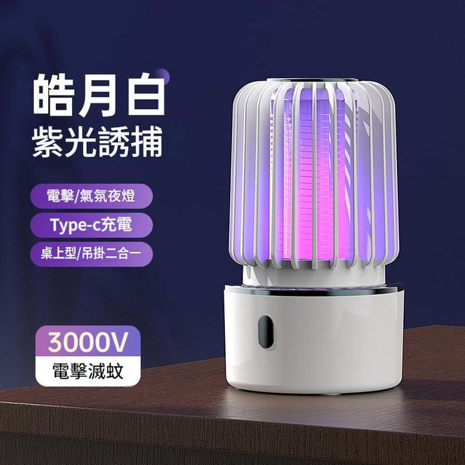 紫外線藍光電擊蚊燈 3000V電擊滅蚊 Type-C充電, 直插款皓月白YS - 001