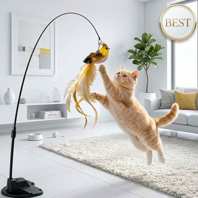 에니픽 흡착력 뛰어난 고양이 셀프 낚시대 장난감, 1개, 노랑새