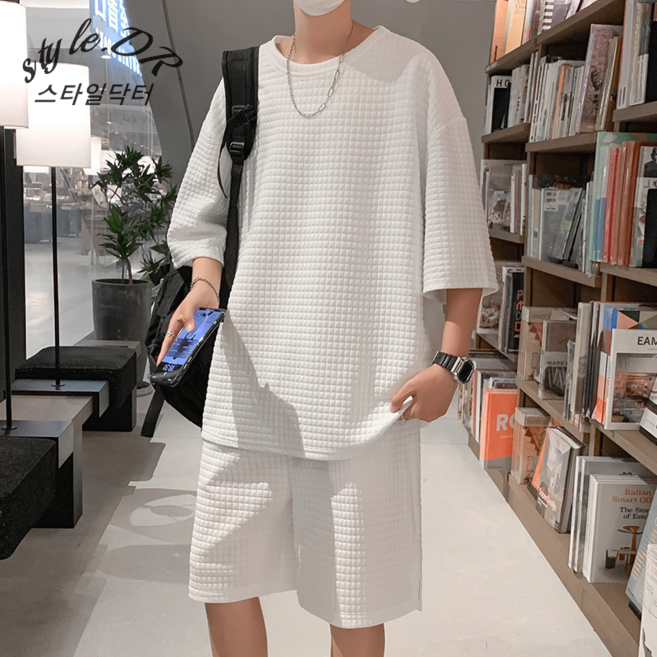 스타일닥터 남자 여름 초특가 패션 트레이닝복 세트 가벼운 통기 입체 체크 스타일 남성 반팔 반팔 루즈핏 세트 캐주얼 상하세트