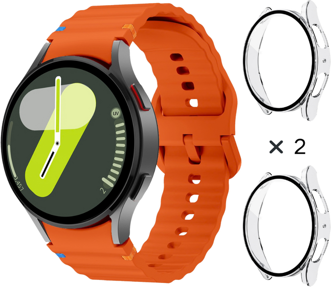 데일리피 갤럭시워치 호환 실리콘 컬러풀한 스티치 스트랩 8/7/6/6클래식/5/5프로/4/4클래식+PC 케이스 2개, 오렌지/투명