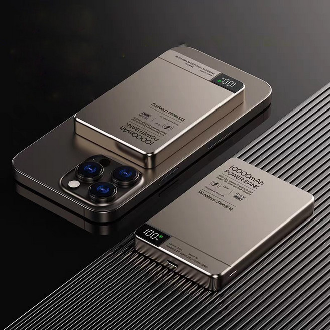 MagSafe 超薄磁吸 行動電源 5000mAh 無線充電, 鈦金色【10000mAh】耳機手錶三合一, 鈦金色, Q2