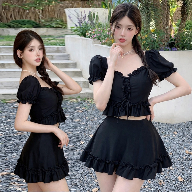 【梨卡】隔日到貨 兩件式泳裝 泳衣 比基尼 裙式泳裝 學生比基尼 溫泉泳裝 海邊泳裝 度假泳衣 FC170, 黑色