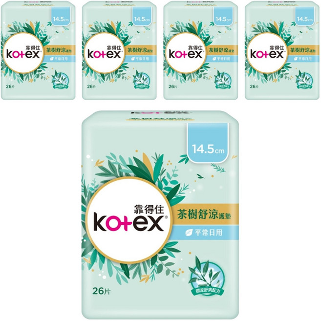 Kotex 靠得住 茶樹舒涼護墊, 14.5cm, 26片, 5包