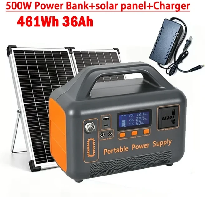500W 220V 휴대용 파워스테이션 태양광 발전기 461Wh 36Ah 대용량 LiFePO4 파워뱅크 캠핑 RV 비상 에너지용, 03 500W with Solar Pane, 01 300W~500W, 01 220V용
