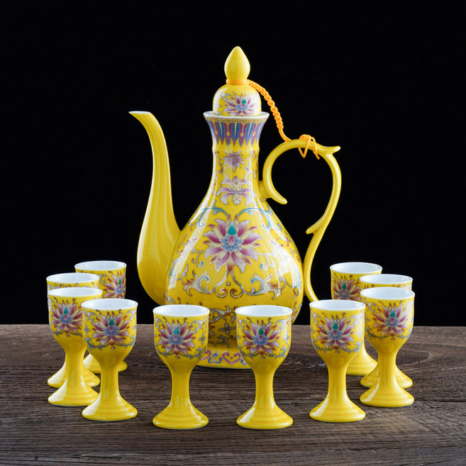 M9 고량주잔 사케 마오 세트 청화랑 M3 술잔 기프트 바이주잔 몽지람, 10타입 등화황 한 주전자에 10컵