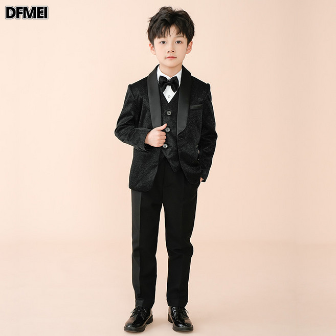 DFMEI 兒童西裝套裝男童主持人禮服小男孩週歲生日花童黑色比賽西服春秋