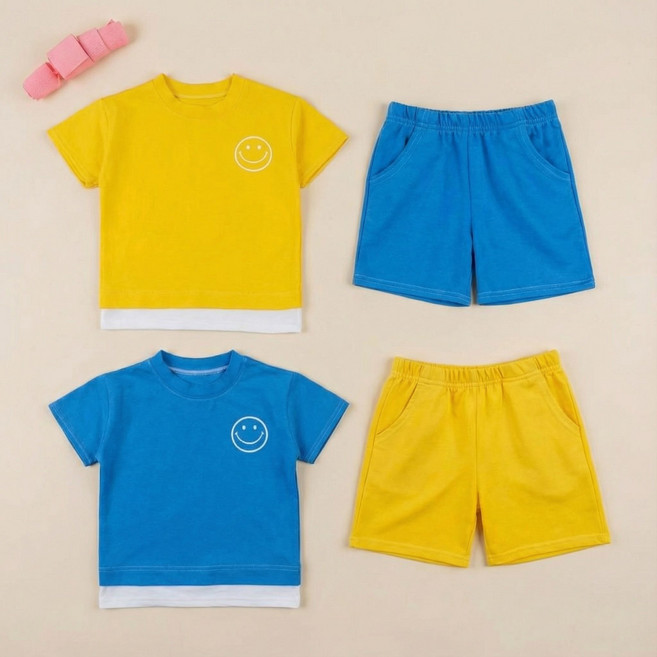 아동 스마일 여름 반팔 키즈 반바지 남아 여아 상하복 세트