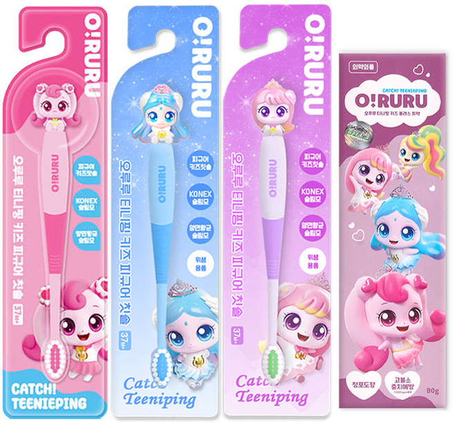 캐치티니핑 피규어 칫솔 3종 + 캐치티니핑 불소치약, 1세트, 4개입, 하츄+사뿐+아름+치약