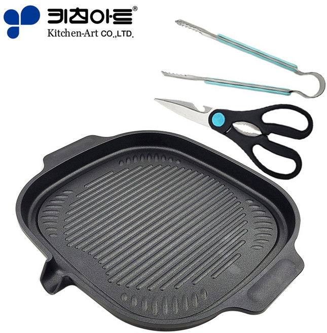 키친아트 IH 인덕션 가스렌지 겸용 구이팬 삽겹살팬 3종세트 (불판+가위+집게), 키친아트 일품 구이팬 3종세트, 1개