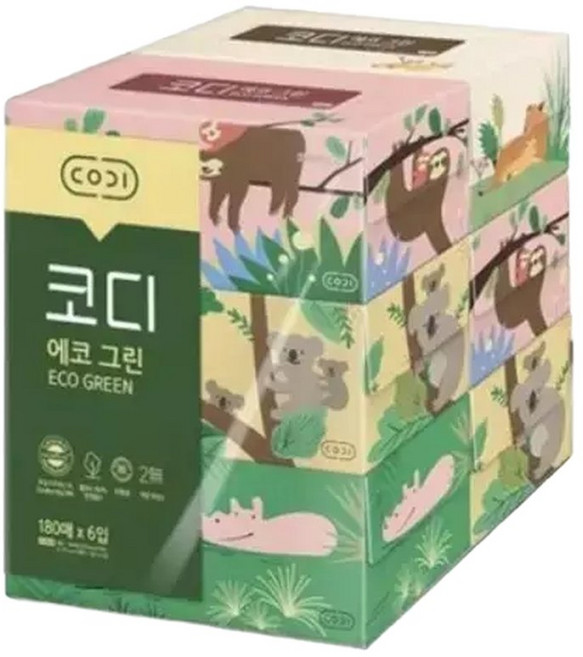 코디 코디 그린 미용티슈 각티슈 180매 6입, 6박스