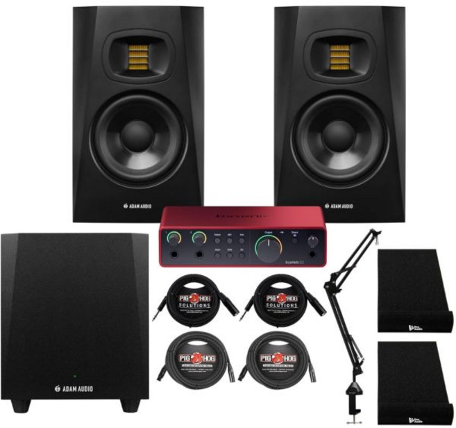 아담 오디오 T5V 액티브 니어필드 모니터 번들 T10S 10인치 스튜디오 서브우퍼 USB 인터페이스 아이솔레이션 패드 TRS에서 XLR까지 남성 케이블 마이크 스탠드 XLR, 1개