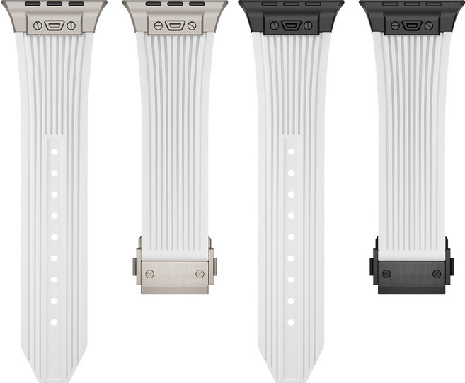 엔인원 애플워치 호환 실리콘 스트랩 메탈 디버클 시계줄 스트라이프 디자인, 티타늄+화이트