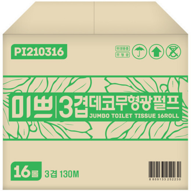 팜파스 미쁘 3겹데코 무형광팔프 점보롤 화장지 꽃무늬 130M 16롤, 팜파스 점보롤화장지 미쁘 무형광 3겹데코 꽃무늬