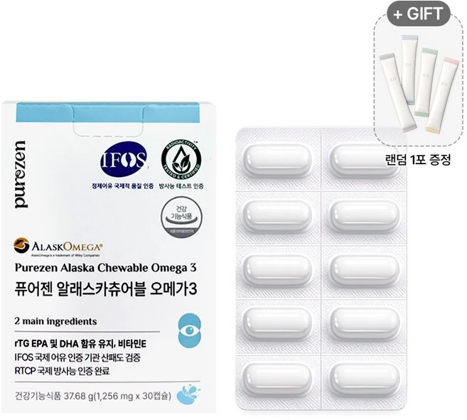 퓨어젠 알래스카 츄어블 오메가3 EPA DHA 알티지 오메가3 IFOS 30캡슐 2박스, 1박스, 1정 - 쿠팡