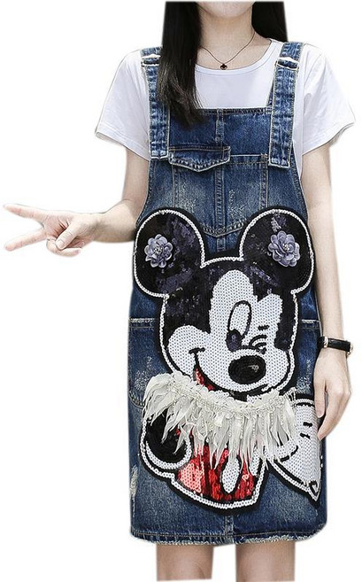 Sealang 여성 데님 멜빵 스커트 여름 캐릭터 스팽글 미키 귀여운 나시 스커트 ru36XH1
