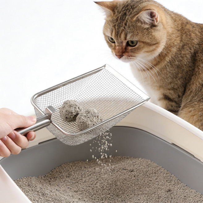 스테인리스 은색 고양이 모래삽 실리카겔 벤토나이트 겸용 촘촘 스쿱, 1개, 실버