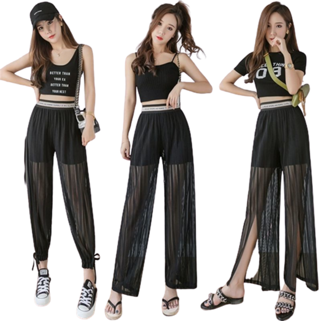 weihan여름 망사 하이웨스트 밴딩 쉬폰 팬츠 조거바지 와이드