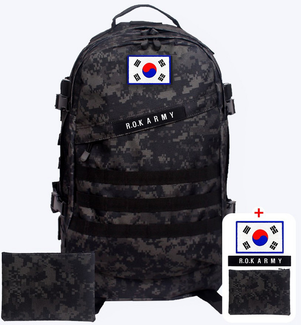군인가방 45L 검정디지털 + 흰색 태극기 약장 + R.O.K ARMY 패치 + 파우치 밀리터리 학생 배낭 헬스 여행
