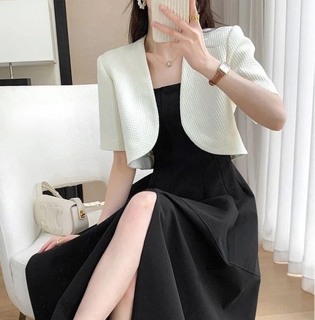 반팔 정장 코트 여름 여성용 고급스러운 날씬해 보이는 짧은 정장 자켓 크롭 숏 아우터 가디건 WAWAMIYA