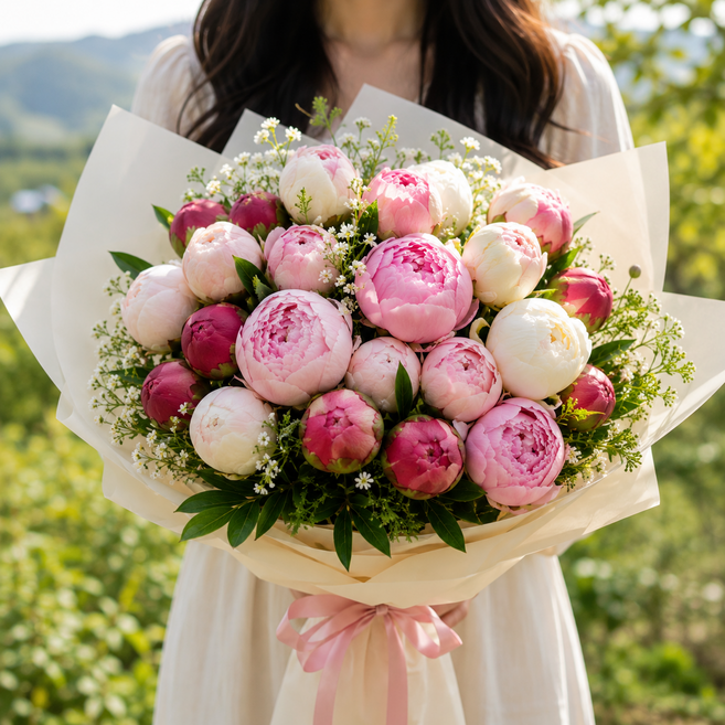 강진화원 작약 꽃다발 산지직송 생화 생일선물 집들이선물 7송이 꽃선물, 기본형 꽃다발, 1개