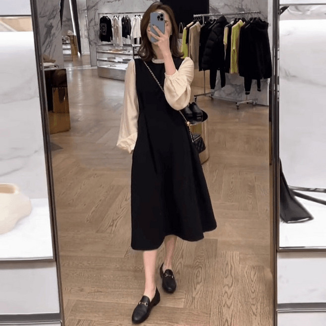 【法式赫本風】小黑裙 連衣裙 氣質連衣裙 名媛連衣裙 假兩件設計 A字裙襬 收腰顯瘦 春秋冬三季可穿 通勤約會必備