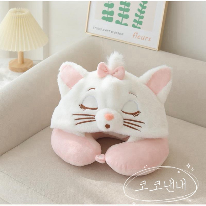 고양이캐릭터 후드형 U자 목베개 기내용 차량용 여행용 목쿠션 모자+U자형 베개, 코코낸내