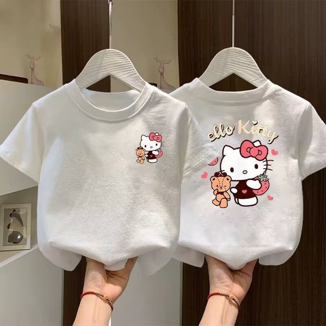 귀여운 헬로키티 5컬러 프린트 여아 순면 라운드넥 티셔츠 아동 편한 반팔티+준펑이커머스 머리끈