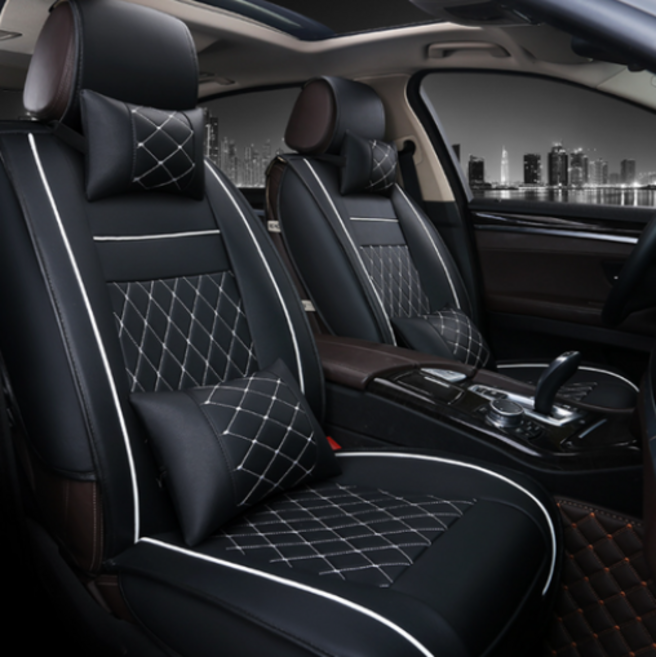 우아한클릭 고급 다이아 퀄팅 가죽 자동차 시트커버 세트 전좌석 사계절용 차량용 시트커버 풀 세트, 블랙+화이트(쿠션포함), 1개