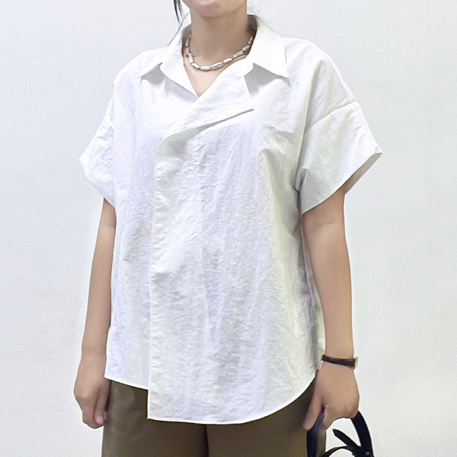 [하나만 입어도 세련된] 화이트 여름 바스락 루즈핏 언발 카라 셔츠 블라우스 프리 55-77