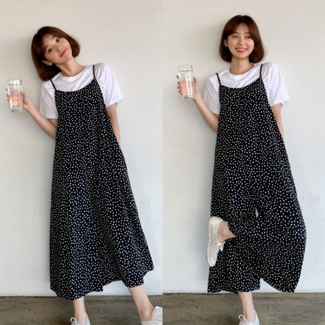 Asure 시폰 점프슈트 멜빵바지 도트 바지 휴양지룩 치마바지