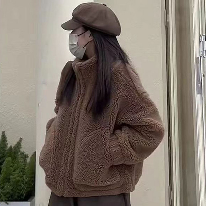 FANSYLI 가을 겨울 뽀글이 양털 자켓 여성 하이넥 긴팔 캐시미어 코트 스타일리쉬 루즈핏 숏 양털 자켓 상의 W2511N19