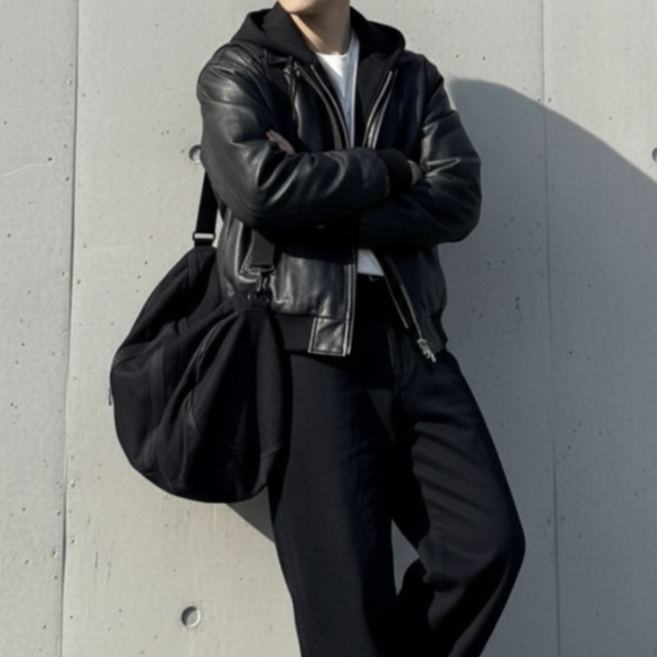 블랙던 남성 프리미엄 레이어드 후드 가죽 자켓 오버핏 점퍼