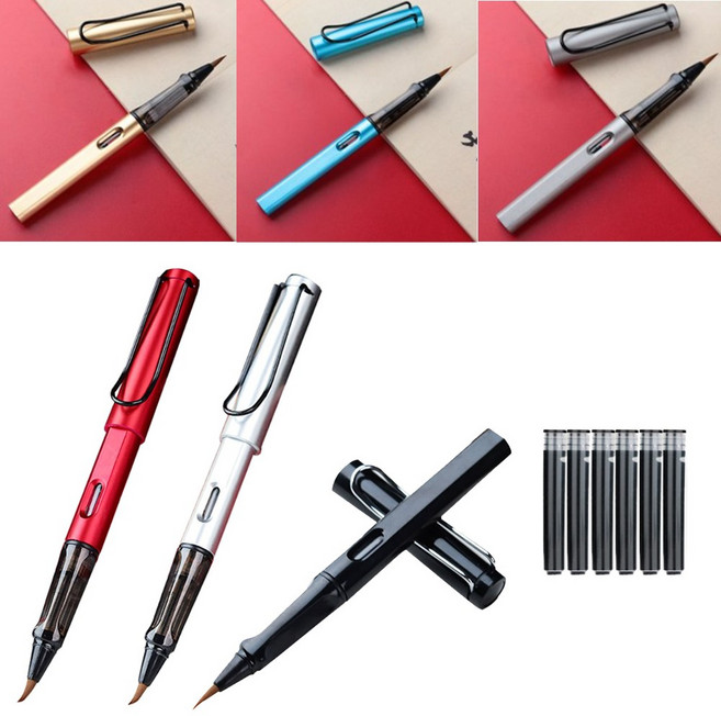 새로이 서예 캘리그라피 붓펜 붓글씨 브러시 펜 붓펜6개(메탈블루1+메탈골드1+메탈그레이1+블랙1+메탈레드1+실버1) 잉크팩6개