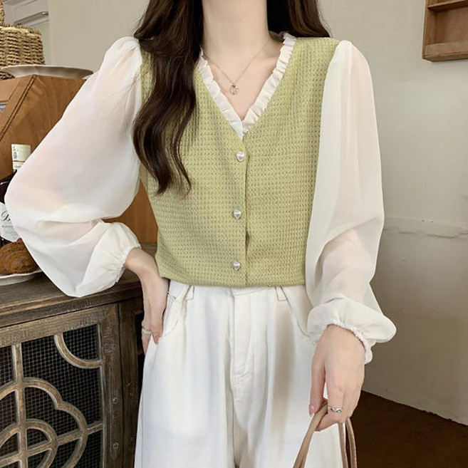 AURALA 여성 여름 예쁜 V넥 블라우스 여자 슬림핏 긴팔 셔츠