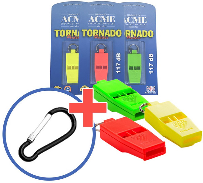 영국 애크미 토네이도 휘슬 636 카라비너포함 경기용 호신용 방수 훈련 호각 호루라기 ACME, 1개, 형광 옐로우+카라비너 증정
