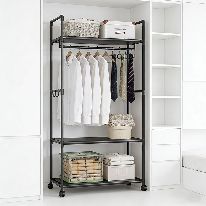 호밍사이 튼튼한 2단 이동식 철제 스탠드 옷걸이 행거 수납행거, 블랙