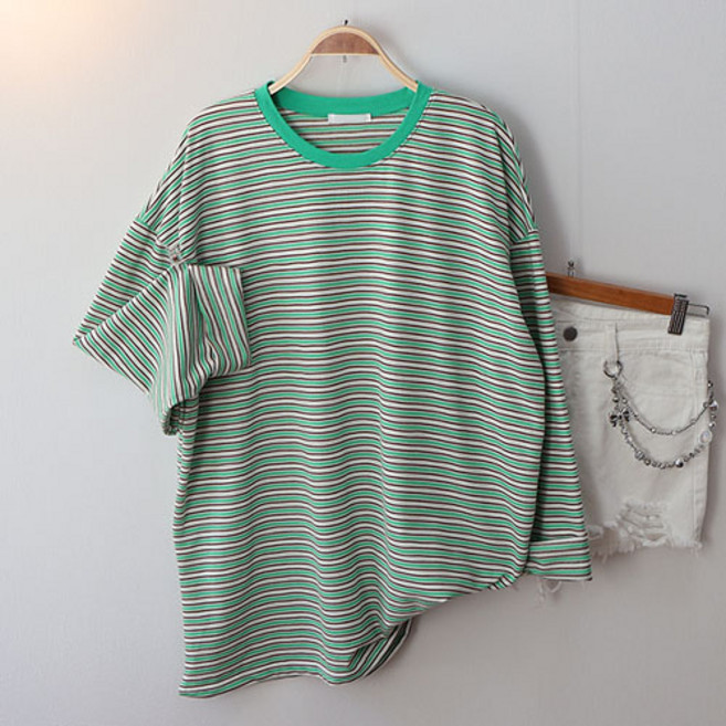 스카이코코 여성 긴팔 티셔츠 배색 라운드 메리 단가라 박스티