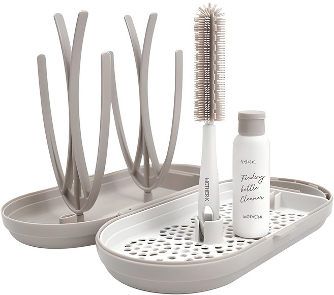 마더케이 휴대용 젖병 건조대 세트, 건조대 본체 + 젖병거치대 + 물빠짐받침대 + 미니 젖병솔 + 세제 리필 용기, 모카크림