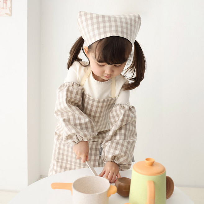 유아 방수 앞치마 두건 팔토시 세트 아기 키즈 어린이앞치마 어린이집, 03.방수앞치마+두건+토시SET, 01.베이지체크