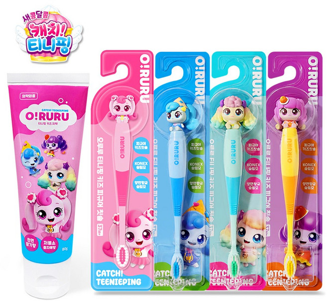 캐치티니핑 어린이 칫솔 4개 + 치약 1개 양치세트, 1세트