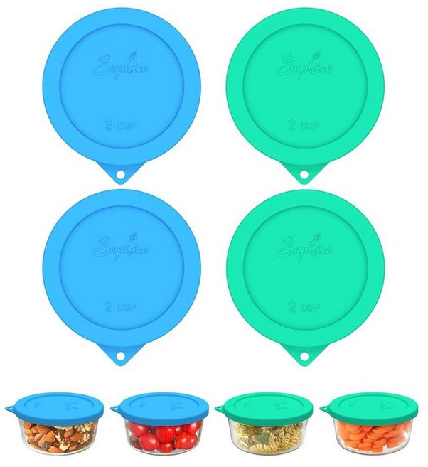 SOPHICO Sophico Anchor Hocking 및 Pyrex 7200피스 유리 그릇용 2컵 원형 실리콘 보관 커버 뚜껑 교체용(용기 미포함) | 레드 2팩 31466, 그린-블루