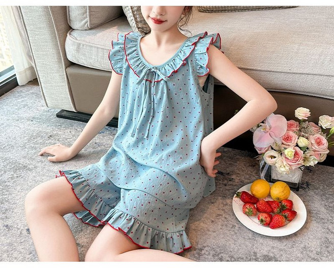 해피유통여아 봄여름 레이스 잠옷 홈웨어 세트 러플과 물방울 디자인14세 이상 XG03