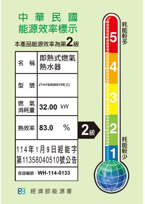 JTL JT-H1620 16L 數位恆溫熱水器 分段火排 強制排氣, 天然氣NG1
