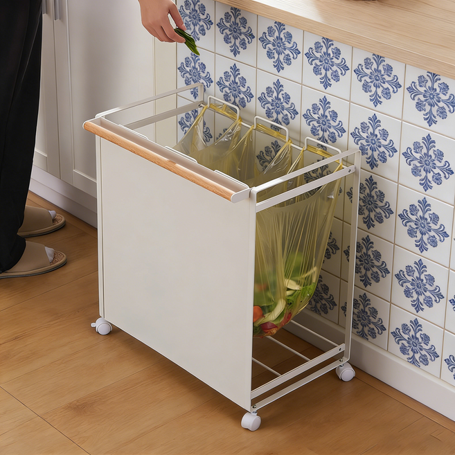 WISFOR 철제 이동식 분리수거 트롤리 쓰레기 비닐봉투 걸이 10L 20L 종량제 거치대, 화이트, 1개