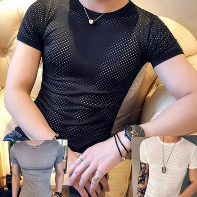 남성 여름 티셔츠 슬림핏 메쉬 라운드 남성 에어홀 티셔츠 반팔 이너웨어 스포츠 냉감 골프 속건