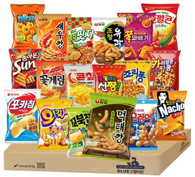 인기스낵 18종 A세트(꼬북칩+먹태깡+도도한나초+썬+오감자+오징어땅콩+포카칩오+꿀꽈배기+꼬깔콘+벌집핏자+조청유과+새우깡+신짱+죠리퐁+카땅+카라멜메이콘+콘칲+꽃게랑), 64g, 1개