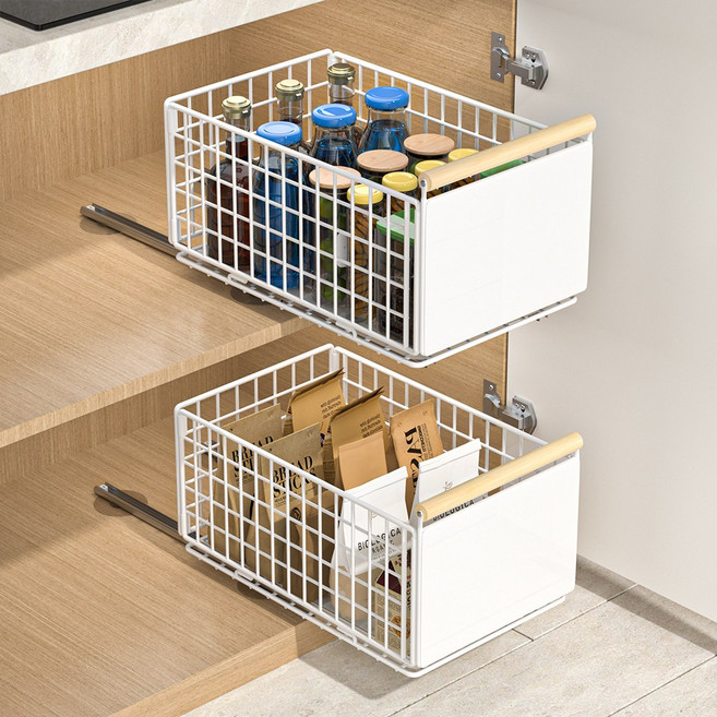 주방 접이식 서랍형 수납대 화이트 대용량 슬라이드 선반 가로23.5 세로19.5cm 초간편 설치 싱크대 아래 정리대 39.5-56.5cm 길이조절, 1개, 하얀색