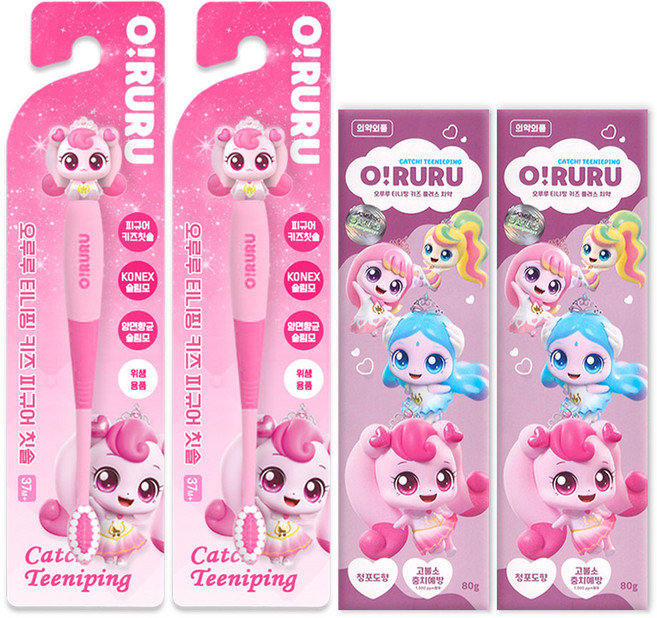 프린세스 캐치티니핑 오루루 피규어칫솔 + 고불소 치약, 2세트, 2개입, 하츄핑(6기)+고불소치약