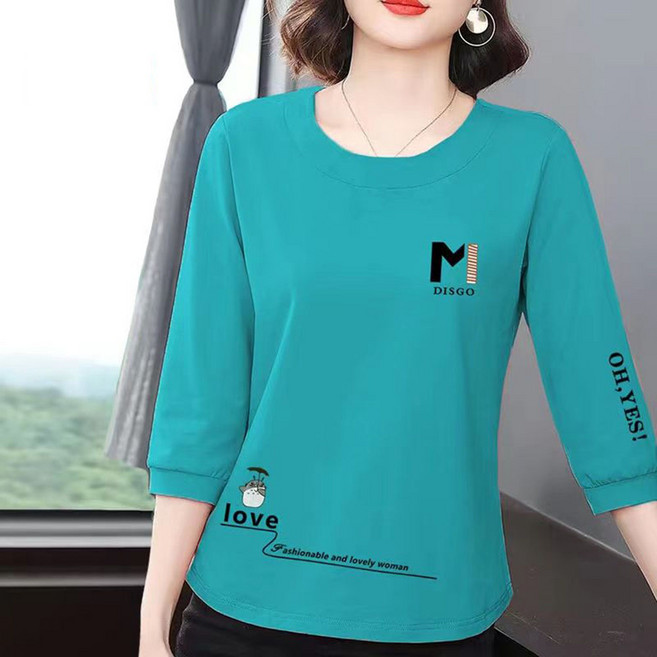 ROYALBELLE 여성 순면 프린트 라운드넥 루즈핏 캐주얼 크롭 기장 7부소매 티셔츠 V01011728