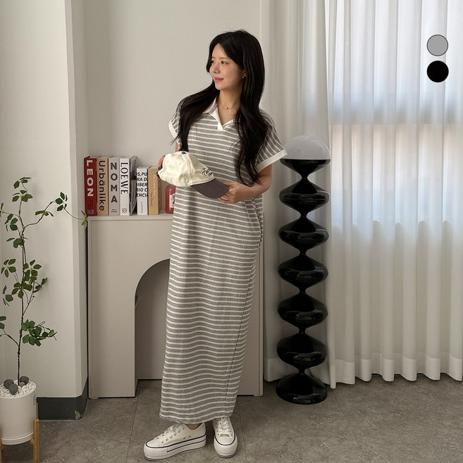 디테일웨어 여성 스트라이프 카라 나시 원피스 임부복 단가라 홈웨어 롱원피스 포켓 빅사이즈 편한 데일리룩